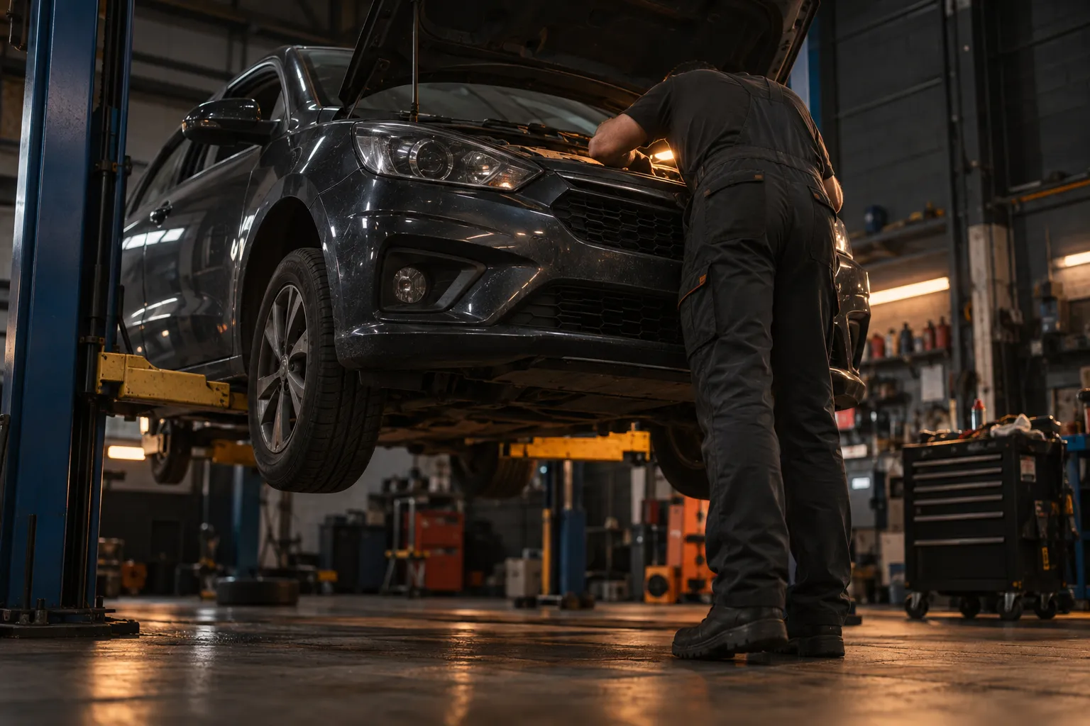 Mekaniker utför bilservice på en bil på lyften hos Autocar AK i Karlstad