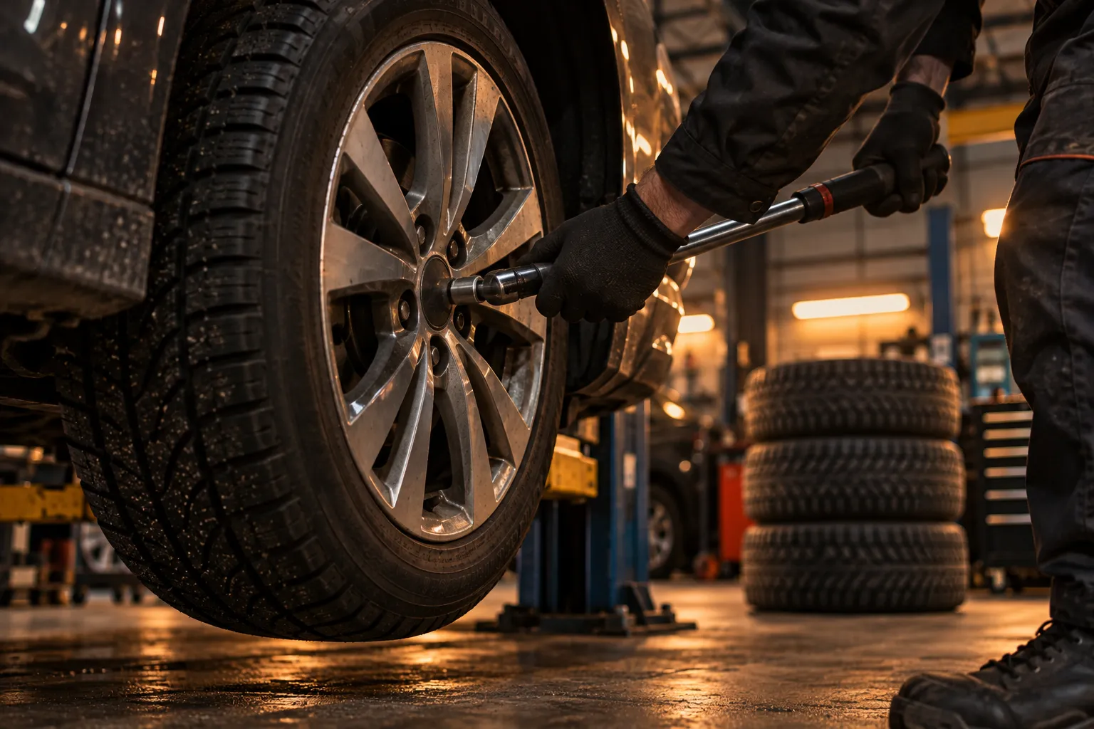 Mekaniker drar åt hjulbultarna med momentnyckel vid hjulskifte hos Autocar AK i Karlstad