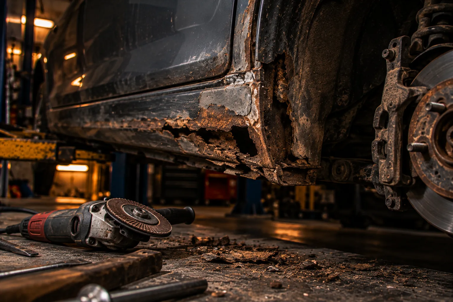 Rostskadad tröskel på en bil med vinkelslip på golvet hos Autocar AK i Karlstad